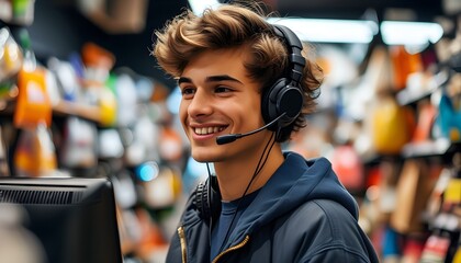 Wall Mural - Energetic young man assisting customers in an electronics store, showcasing technology and headphones with a friendly smile