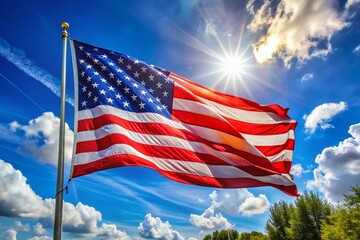 Wall Mural - A vibrant red, white, and blue flag banner waves proudly in the wind, symbolizing national pride and patriotism