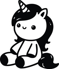 Wall Mural - Cute Stuffed Plush Unicorn Black and White Illustration