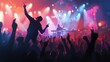 © Rasim - Open air music festival with crowd in foreground having fun, dancing and rising their hands. A performer is singing on stage during the concert while silhouettes of people having fun at concert