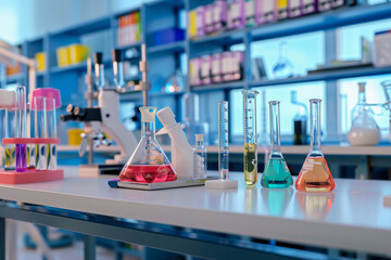 Wall Mural - a lab table with several beakers and test tubes of various colors