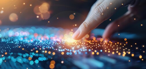 Poster - A hand touching a glowing digital interface with colorful lights, symbolizing technology, innovation, and connectivity in a modern world.