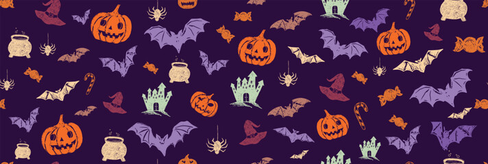 Wall Mural - Halloween symbols, hat, pumpkin, bat, candy, pattern, hand drawn illustrations	
