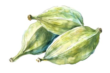 Watercolor painting of three green fruits on a white background