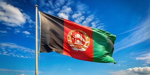 A worn and faded Afghan national flag waves gently in the wind against a clear blue sky, symbolizing