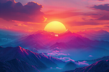 Canvas Print - A beautiful mountain range with a large sun in the sky