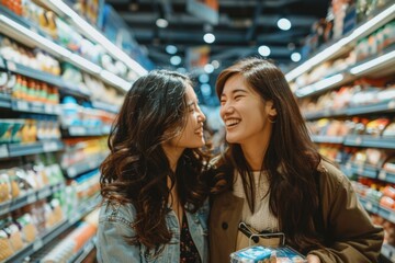 two women looking at each other in a grocery store, possibly friends or family members