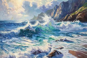 Wall Mural - A painting of a large wave crashing on a rocky shore