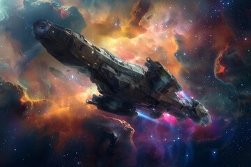 A space ship is flying through a colorful nebula