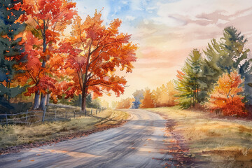 Wall Mural - A painting of a road with trees in the background