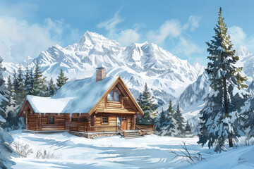 Wall Mural - A cabin in the woods with a snowy mountain in the background