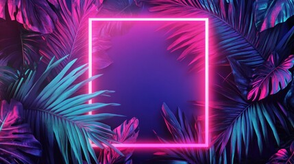 Sticker - Tropical Leaves with Pink Neon Frame