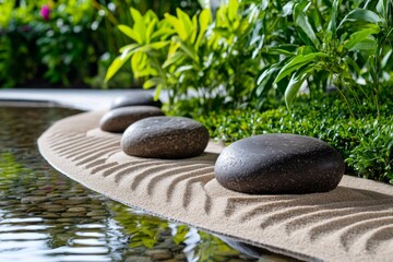 Garden Zen Spaces visualized in a tranquil infographic, showcasing minimalist gardens with sand, stone, and water features for meditation and relaxation