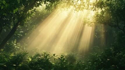 Poster - Golden Sunlight Rays Illuminating a Lush Green Rainforest Canopy