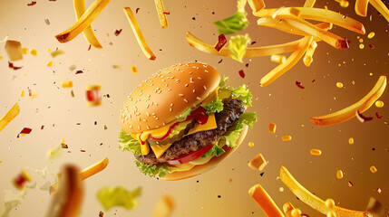 Flying Hamburger with beef patty, lettuce, tomato, cheese, sauce and potato fries on isolated background. American to go fast food.