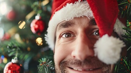 Wall Mural - A man wearing a red hat and a red santa hat is smiling at the camera