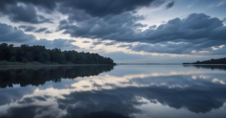 Wall Mural - Dramatic cloudy sky mirrored on a serene lake at dusk, creating a tranquil and atmospheric landscape scene.
