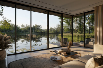 Wall Mural - A large living room with a view of a lake