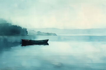 Canvas Print - A small boat sits in the middle of a calm lake