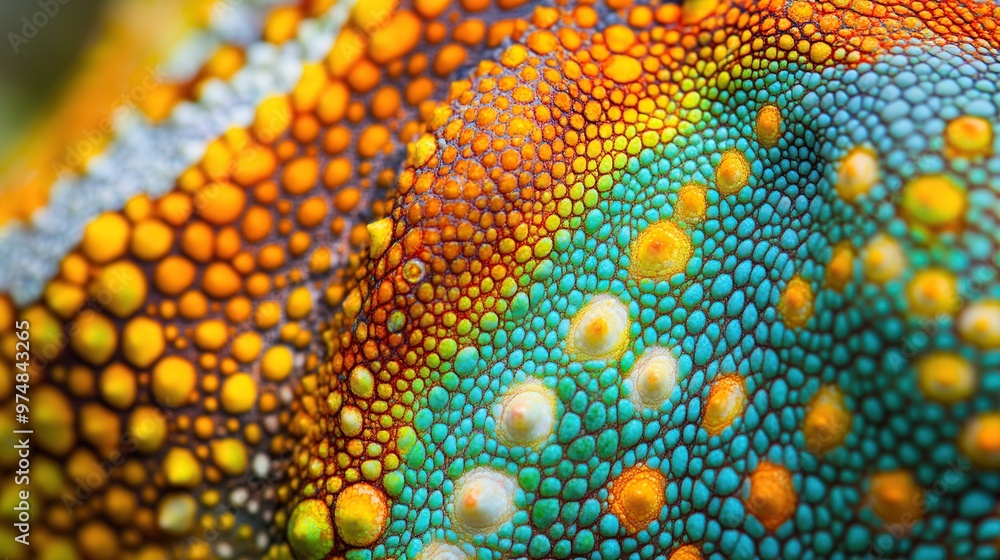 Extreme close-up of a chameleon skin, showcasing its vivid scales ...