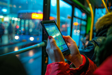 Wall Mural - A woman is looking at her phone while riding a bus