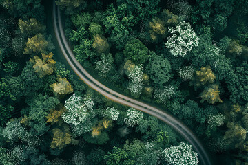 Poster - A winding road through a forest with trees on both sides