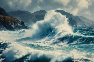 Poster - A large wave is crashing on a rocky shore