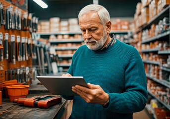 elderly man working with table on hardware store