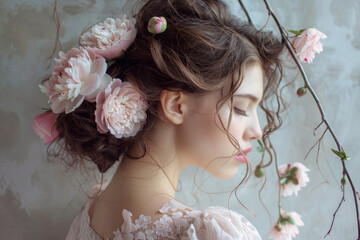 Wall Mural - A woman with long hair and a flowery headdress