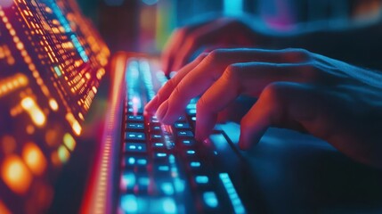 Illustration of hands typing on keyboard with hologram screen digital technology, Programmer coding, software development concept. Ai generated image