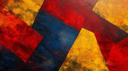 Abstract geometric composition with vibrant red, yellow, and blue textured blocks