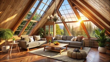 Cozy A-frame house interior featuring natural wood accents, plenty of sunlight, and plush furniture, creating a warm