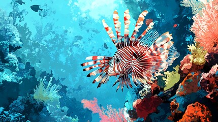 Wall Mural - A vibrant red and white lionfish swims among colorful coral reefs in a turquoise ocean.