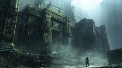 Wall Mural - A lone figure standing before a mist-shrouded ancient temple entrance.