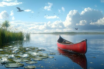 Wall Mural - Canoe gliding on a tranquil lake surrounded by lily pads and clouds