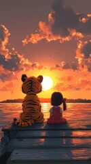 Canvas Print - Girl and Tiger Watching Sunset on Wooden Dock