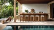 ©  Green Creator - Outdoor teak wood bar set with stools on a poolside deck, teak outdoor furniture, luxury entertaining