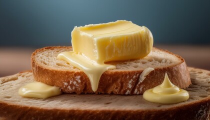 Wall Mural -  A stick of butter melting on a slice of white bread, with the melting butter highlighted and