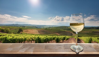 Poster -  A wine glass of white wine placed on the edge of a terrace overlooking a vineyard. The viney