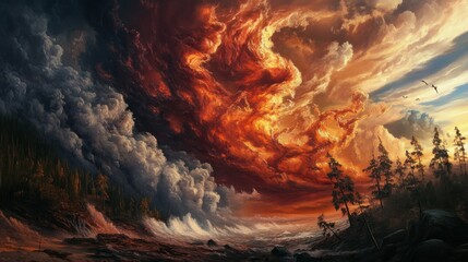 Fiery Sunset Over a Dark Forest and Stormy Sea