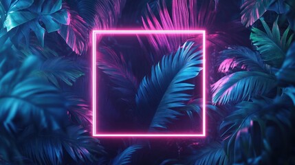 Wall Mural - Tropical Leaves with Pink Neon Frame