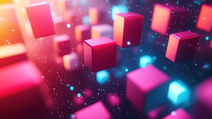 Abstract background with pink and blue cubes and glowing particles.