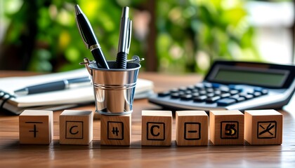 Wall Mural - VAT Calculation on Wooden Cubes with Pen and Calculator, Financial Analysis Concept