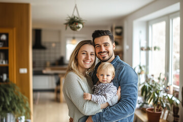 Young smiling family parents holding kid