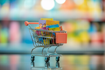 Shopping metal cart with colorful paper bags