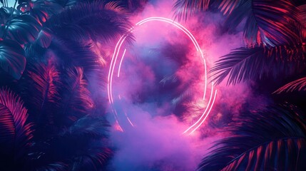 Sticker - Neon Circle and Tropical Palm Leaves with Smoke