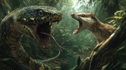 Poster - A Snake and a Weasel Confront Each Other in the Jungle