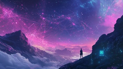 Wall Mural - A Solitary Figure Gazes at a Futuristic Mountain Range Under a Starry Sky With Pink and Blue Hues