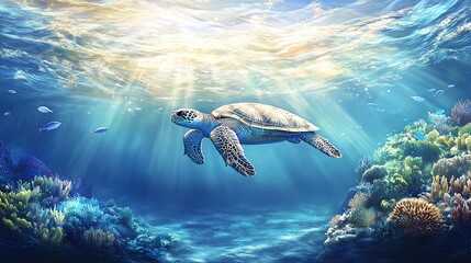 A sea turtle swims gracefully through a vibrant coral reef, bathed in sunlight.