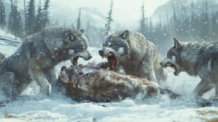 Sticker - Three Wolves Fighting Over a Carcass in a Snowy Forest